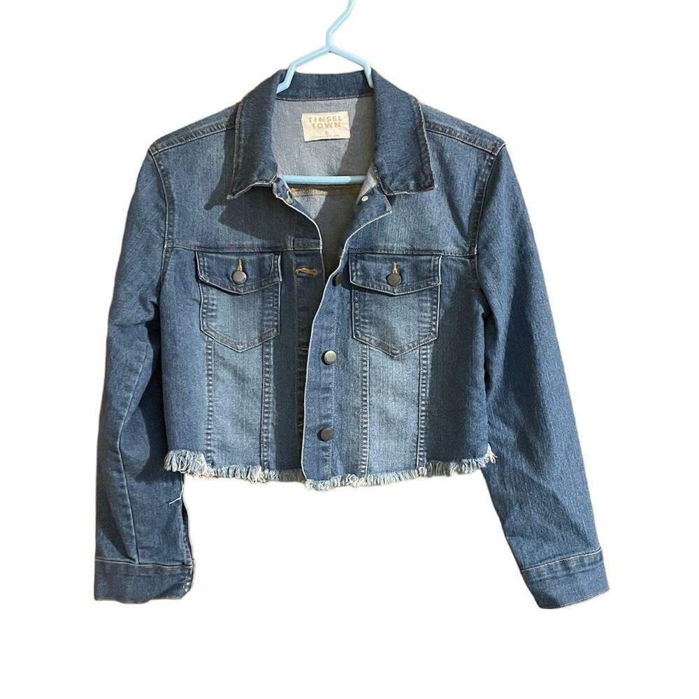 Jean Crop Jacket TinselTown Women’s Small Denim Button Distressed Blue